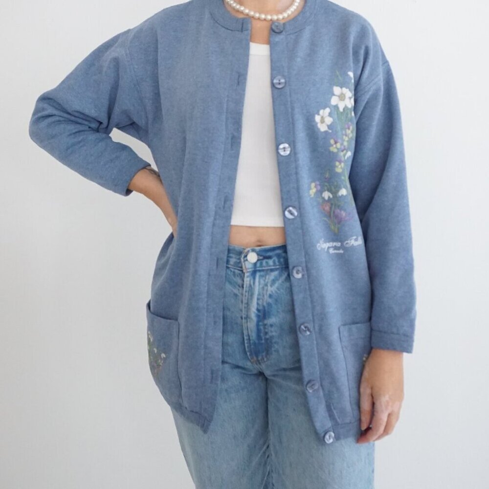 Vintage Northern Woods Blue White Floral Button Up Long Cardigan Sweater Small